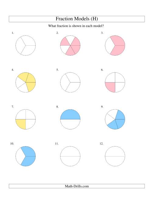 The Modeling Fractions with Circles -- Halves to Sixths (H) Math Worksheet