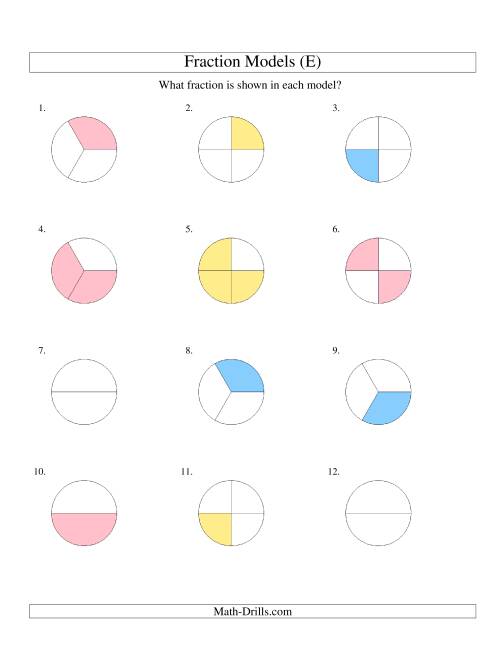 The Modeling Fractions with Circles -- Halves, Thirds and Quarters (E) Math Worksheet