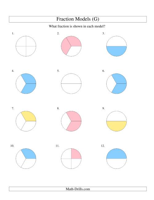 The Modeling Fractions with Circles -- Halves, Thirds and Quarters (G) Math Worksheet