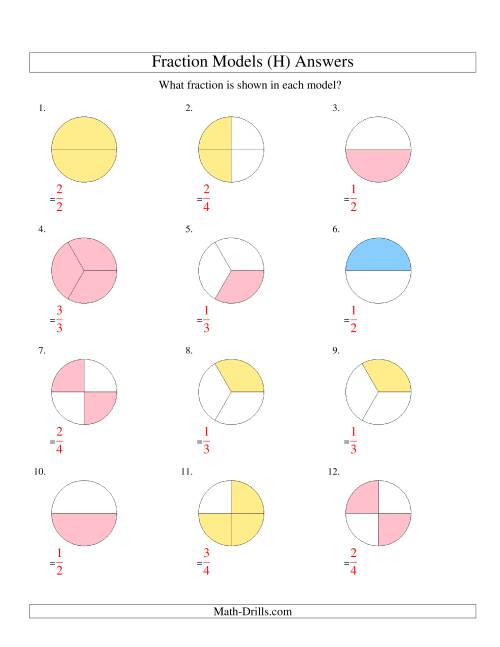 The Modeling Fractions with Circles -- Halves, Thirds and Quarters (H) Math Worksheet Page 2