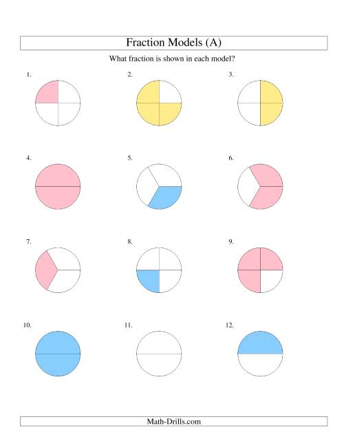 The Modeling Fractions with Circles -- Halves, Thirds and Quarters (All) Math Worksheet