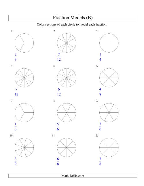The Modeling Fractions with Circles by Coloring -- Halves to Twelfths (B) Math Worksheet