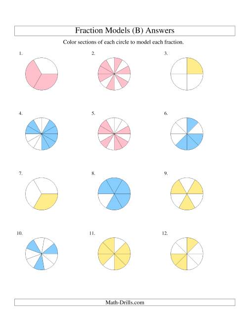 The Modeling Fractions with Circles by Coloring -- Halves to Twelfths (B) Math Worksheet Page 2