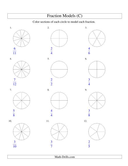 The Modeling Fractions with Circles by Coloring -- Halves to Twelfths (C) Math Worksheet
