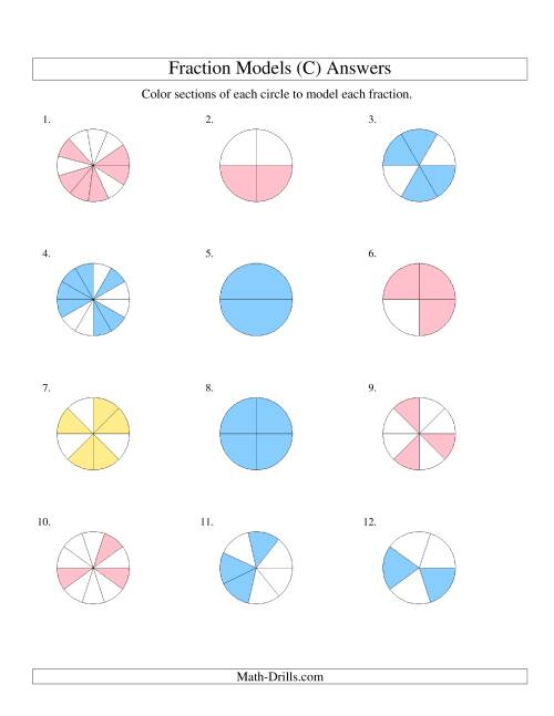The Modeling Fractions with Circles by Coloring -- Halves to Twelfths (C) Math Worksheet Page 2