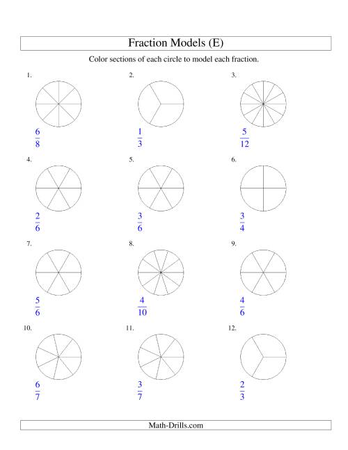 The Modeling Fractions with Circles by Coloring -- Halves to Twelfths (E) Math Worksheet