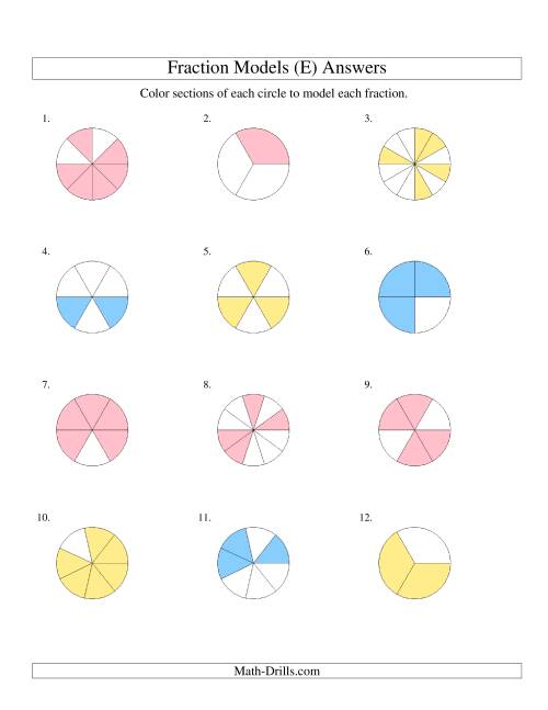 The Modeling Fractions with Circles by Coloring -- Halves to Twelfths (E) Math Worksheet Page 2