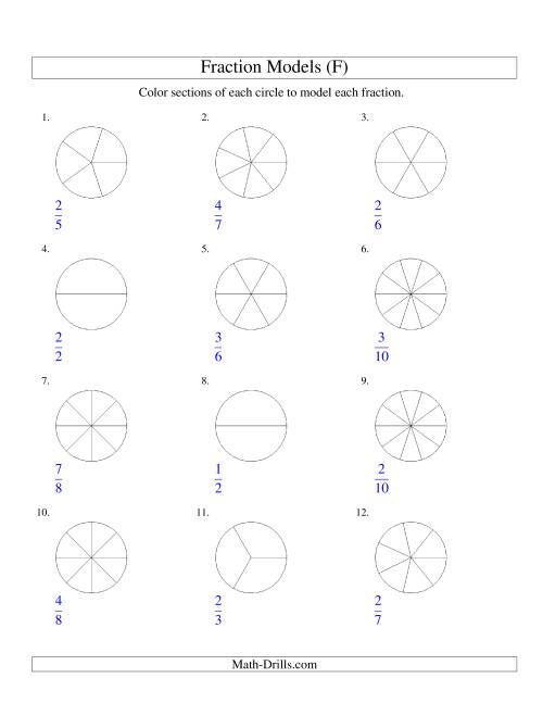 The Modeling Fractions with Circles by Coloring -- Halves to Twelfths (F) Math Worksheet