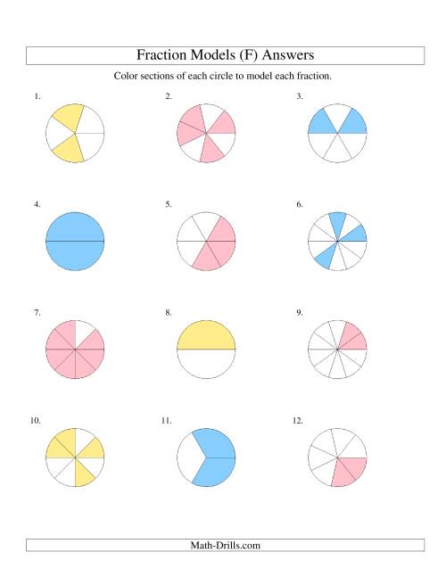The Modeling Fractions with Circles by Coloring -- Halves to Twelfths (F) Math Worksheet Page 2