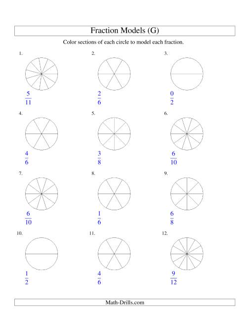 The Modeling Fractions with Circles by Coloring -- Halves to Twelfths (G) Math Worksheet