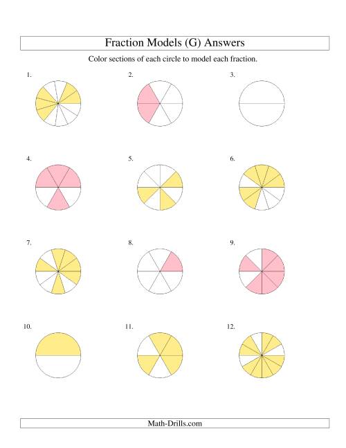 The Modeling Fractions with Circles by Coloring -- Halves to Twelfths (G) Math Worksheet Page 2