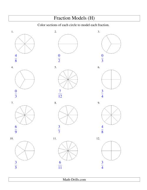 The Modeling Fractions with Circles by Coloring -- Halves to Twelfths (H) Math Worksheet