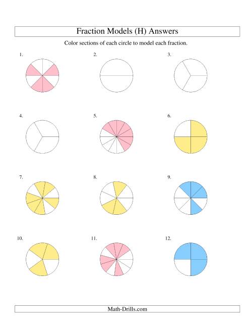 The Modeling Fractions with Circles by Coloring -- Halves to Twelfths (H) Math Worksheet Page 2