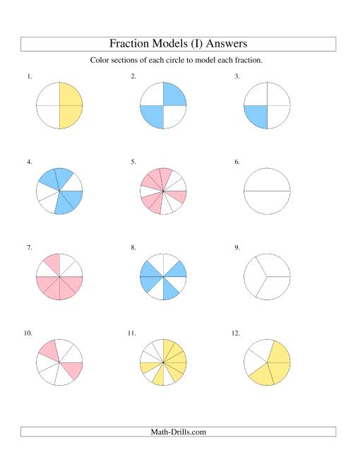 The Modeling Fractions with Circles by Coloring -- Halves to Twelfths (I) Math Worksheet Page 2
