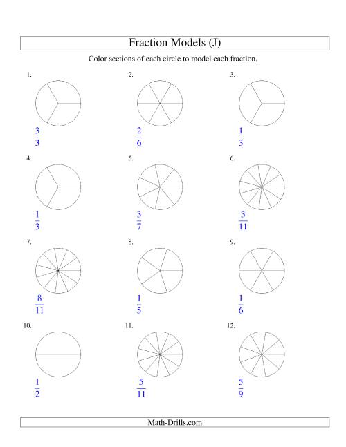 The Modeling Fractions with Circles by Coloring -- Halves to Twelfths (J) Math Worksheet