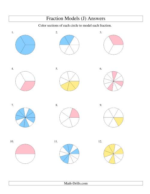 The Modeling Fractions with Circles by Coloring -- Halves to Twelfths (J) Math Worksheet Page 2
