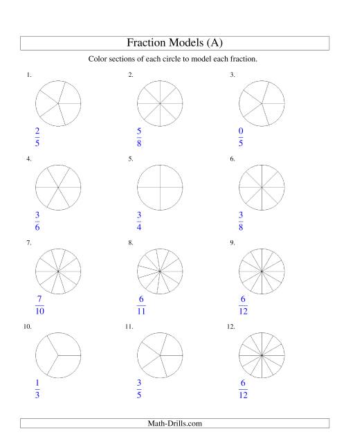 The Modeling Fractions with Circles by Coloring -- Halves to Twelfths (All) Math Worksheet