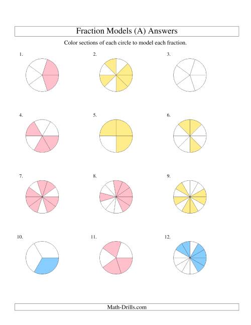 The Modeling Fractions with Circles by Coloring -- Halves to Twelfths (All) Math Worksheet Page 2
