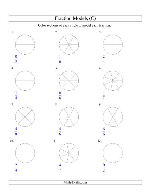 The Modeling Fractions with Circles by Coloring -- Halves to Eighths (C) Math Worksheet