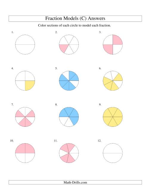 The Modeling Fractions with Circles by Coloring -- Halves to Eighths (C) Math Worksheet Page 2