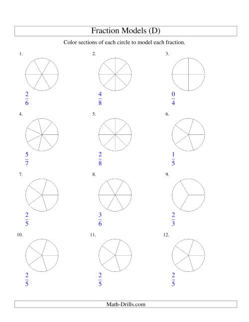 The Modeling Fractions with Circles by Coloring -- Halves to Eighths (D) Math Worksheet