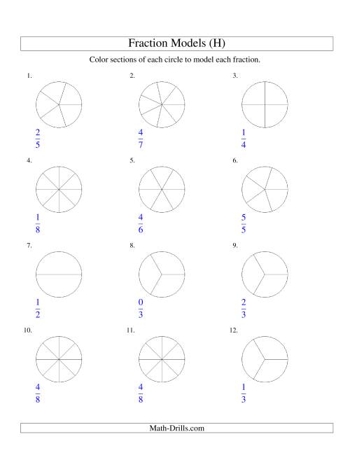 The Modeling Fractions with Circles by Coloring -- Halves to Eighths (H) Math Worksheet