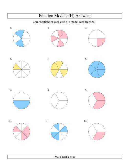 The Modeling Fractions with Circles by Coloring -- Halves to Eighths (H) Math Worksheet Page 2
