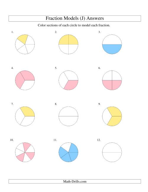 The Modeling Fractions with Circles by Coloring -- Halves to Eighths (J) Math Worksheet Page 2