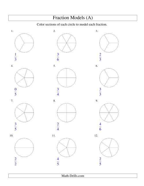 The Modeling Fractions with Circles by Coloring -- Halves to Sixths (A) Math Worksheet