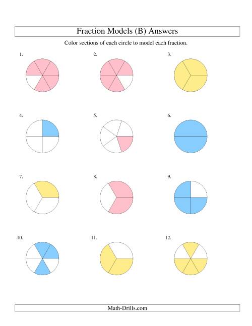 The Modeling Fractions with Circles by Coloring -- Halves to Sixths (B) Math Worksheet Page 2