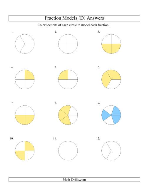The Modeling Fractions with Circles by Coloring -- Halves to Sixths (D) Math Worksheet Page 2