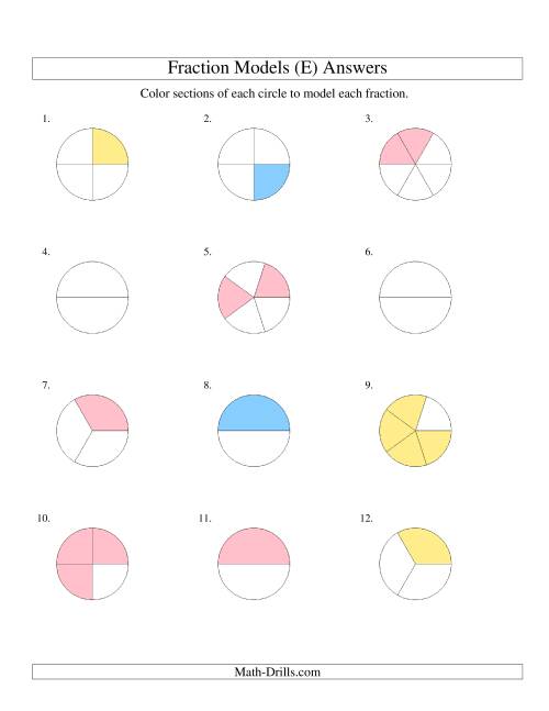 The Modeling Fractions with Circles by Coloring -- Halves to Sixths (E) Math Worksheet Page 2