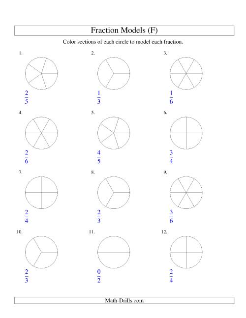 The Modeling Fractions with Circles by Coloring -- Halves to Sixths (F) Math Worksheet