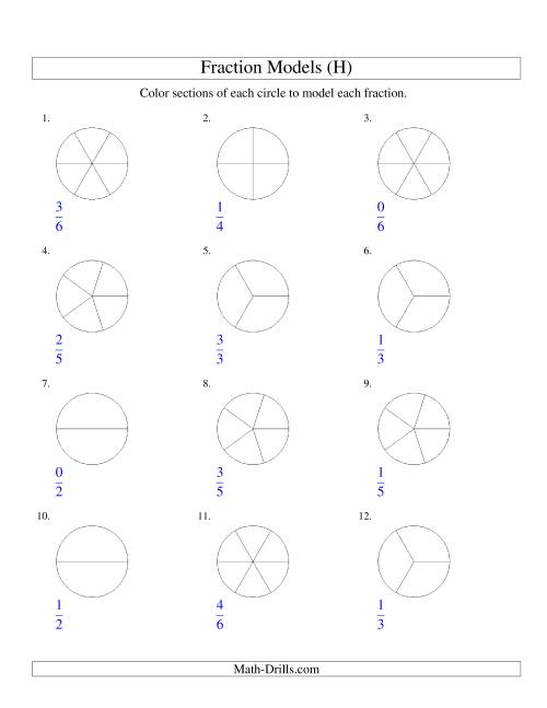 The Modeling Fractions with Circles by Coloring -- Halves to Sixths (H) Math Worksheet