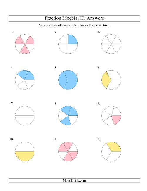 The Modeling Fractions with Circles by Coloring -- Halves to Sixths (H) Math Worksheet Page 2