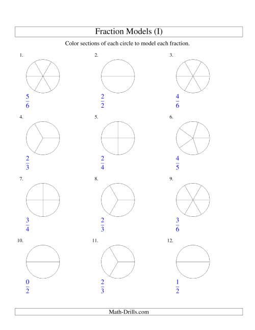 The Modeling Fractions with Circles by Coloring -- Halves to Sixths (I) Math Worksheet