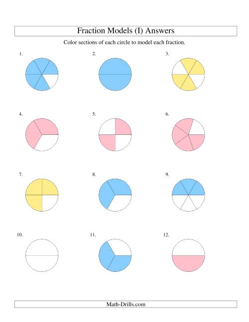 The Modeling Fractions with Circles by Coloring -- Halves to Sixths (I) Math Worksheet Page 2