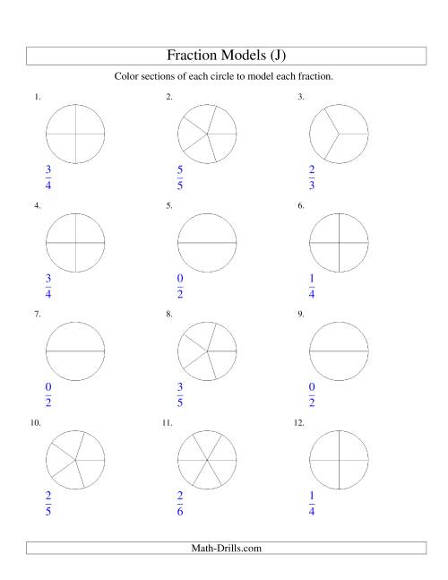 The Modeling Fractions with Circles by Coloring -- Halves to Sixths (J) Math Worksheet