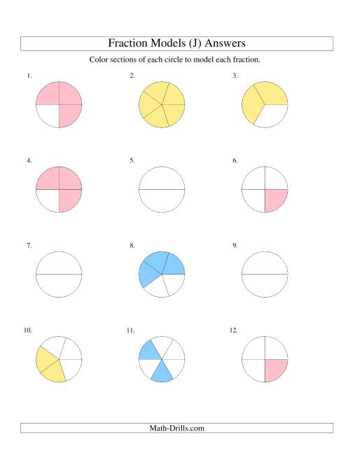 The Modeling Fractions with Circles by Coloring -- Halves to Sixths (J) Math Worksheet Page 2