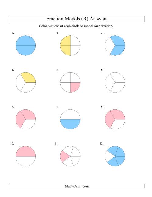 The Modeling Fractions with Circles by Coloring -- Halves to Fifths (B) Math Worksheet Page 2