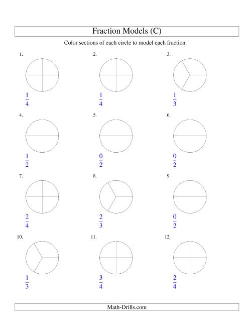 The Modeling Fractions with Circles by Coloring -- Halves to Fifths (C) Math Worksheet