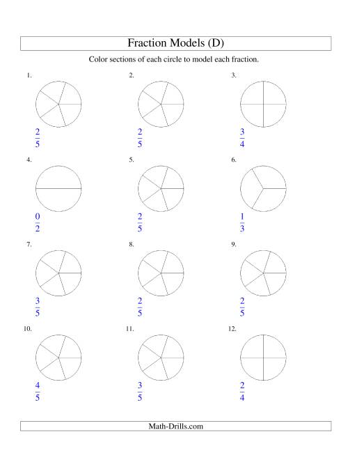 The Modeling Fractions with Circles by Coloring -- Halves to Fifths (D) Math Worksheet