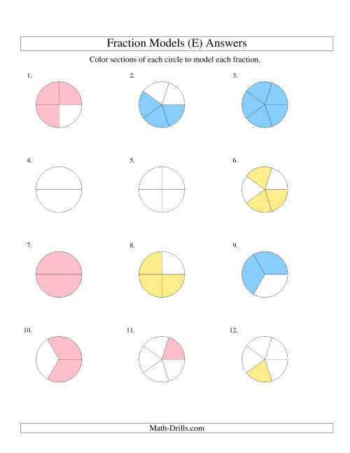The Modeling Fractions with Circles by Coloring -- Halves to Fifths (E) Math Worksheet Page 2