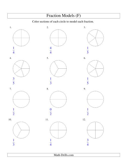 The Modeling Fractions with Circles by Coloring -- Halves to Fifths (F) Math Worksheet