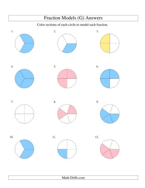 The Modeling Fractions with Circles by Coloring -- Halves to Fifths (G) Math Worksheet Page 2