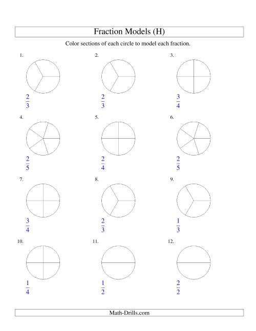 The Modeling Fractions with Circles by Coloring -- Halves to Fifths (H) Math Worksheet