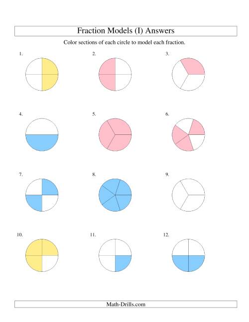 The Modeling Fractions with Circles by Coloring -- Halves to Fifths (I) Math Worksheet Page 2