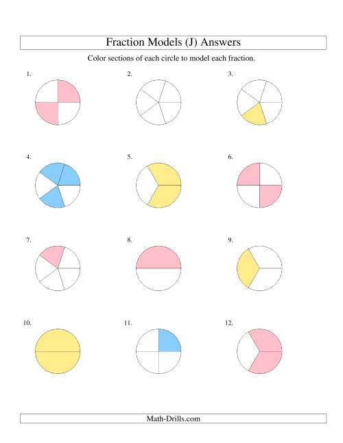 The Modeling Fractions with Circles by Coloring -- Halves to Fifths (J) Math Worksheet Page 2