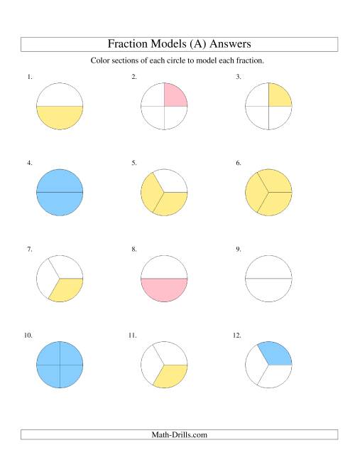 The Modeling Fractions with Circles by Coloring -- Halves,  Thirds and Quarters (A) Math Worksheet Page 2