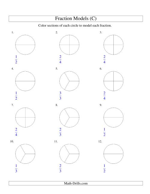The Modeling Fractions with Circles by Coloring -- Halves,  Thirds and Quarters (C) Math Worksheet